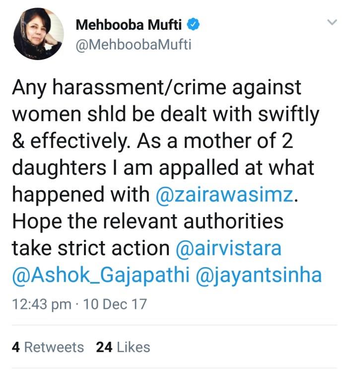 Mehbooba appalled at ‘what happened with Zaira’